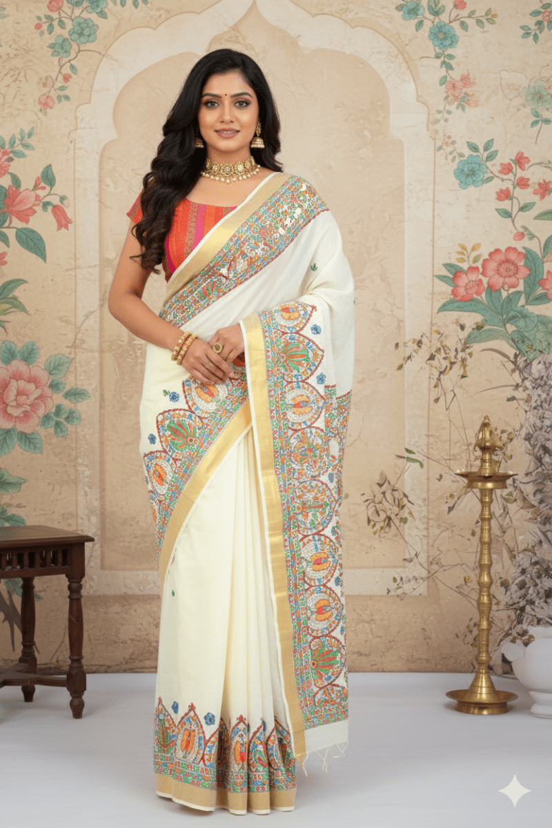 Ivory Elegance Madhubani Hand - Painted Kerala Cotton Saree – Floral Motifs with Artistic Borders - swadeshsouq.com
