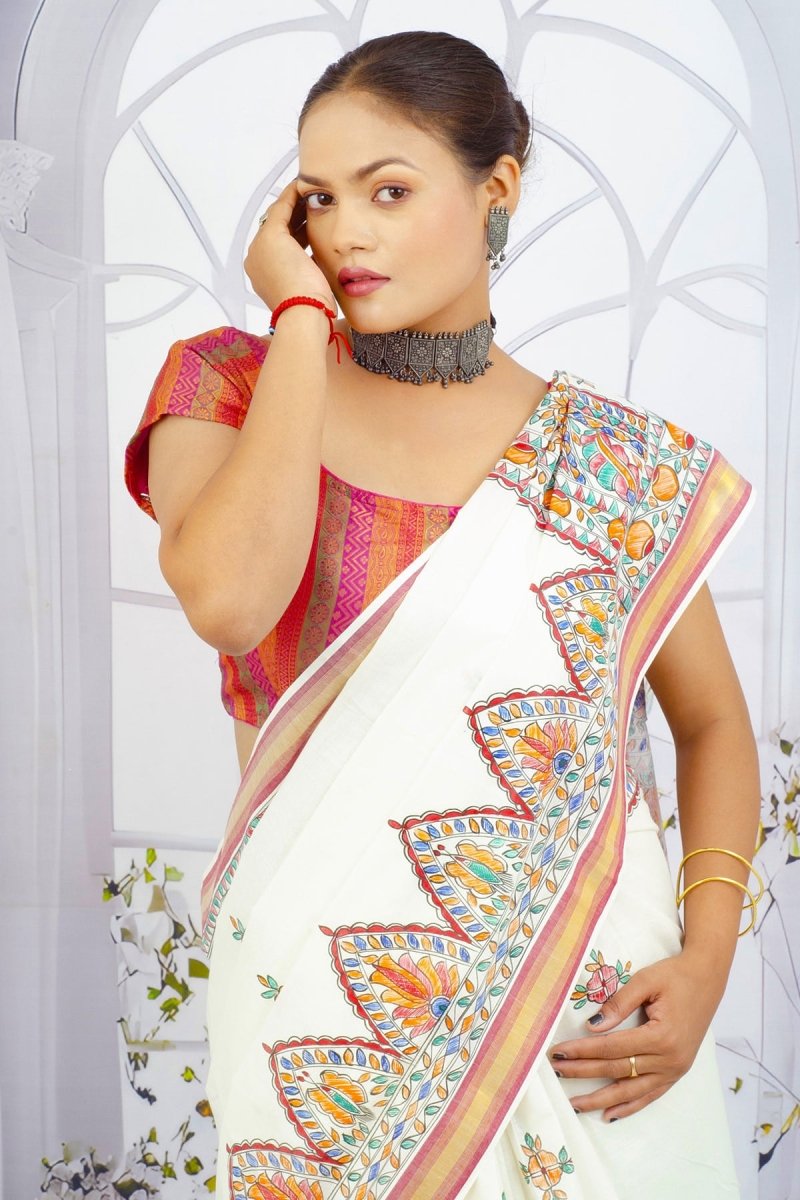 Ivory Elegance Madhubani Hand - Painted Kerala Cotton Saree – Floral Motifs with Artistic Borders - swadeshsouq.com