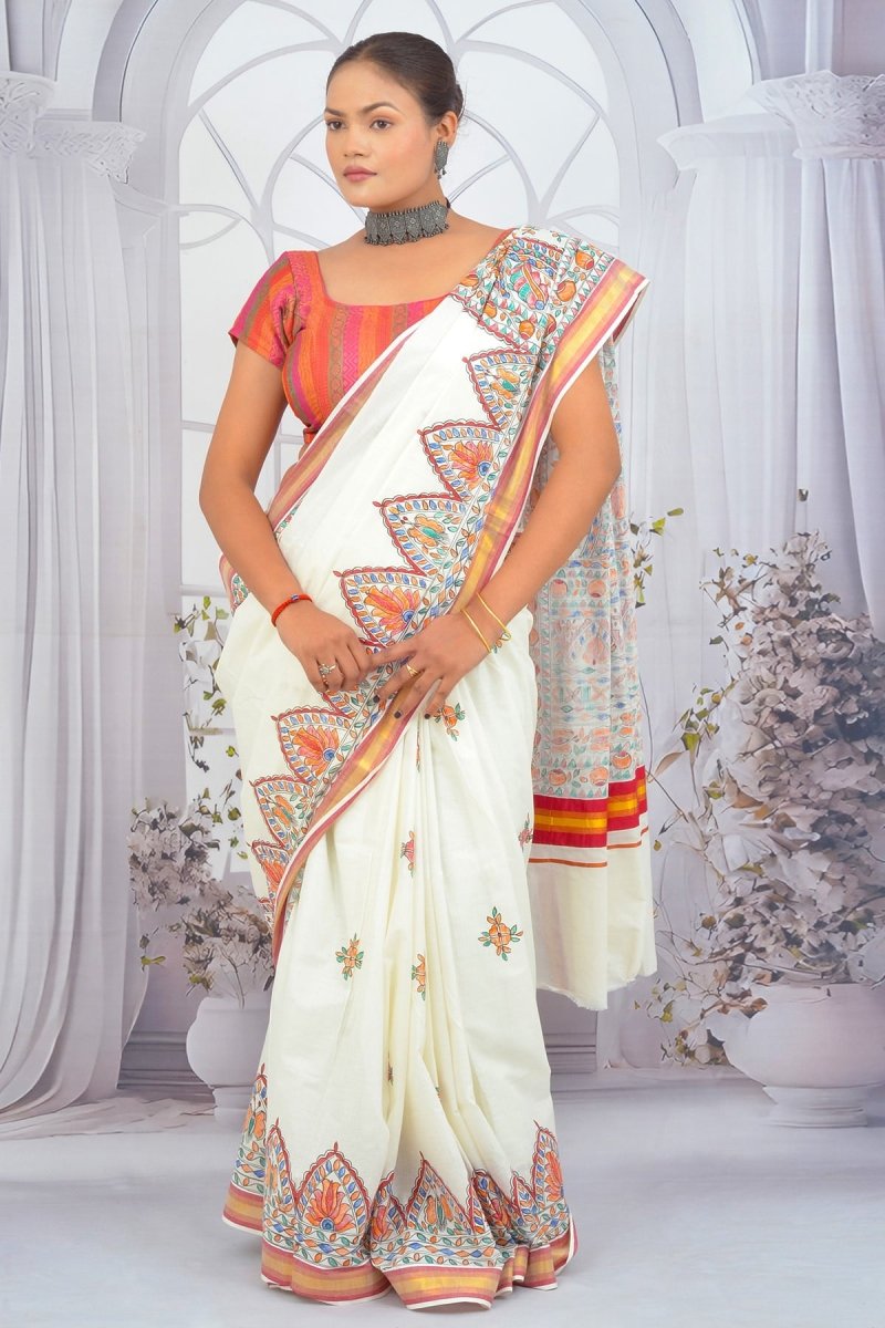 Ivory Elegance Madhubani Hand - Painted Kerala Cotton Saree – Floral Motifs with Artistic Borders - swadeshsouq.com