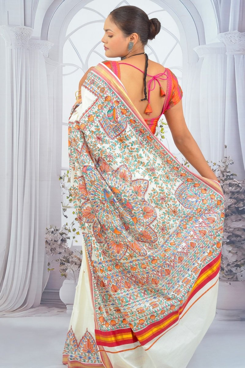 Ivory Elegance Madhubani Hand - Painted Kerala Cotton Saree – Floral Motifs with Artistic Borders - swadeshsouq.com