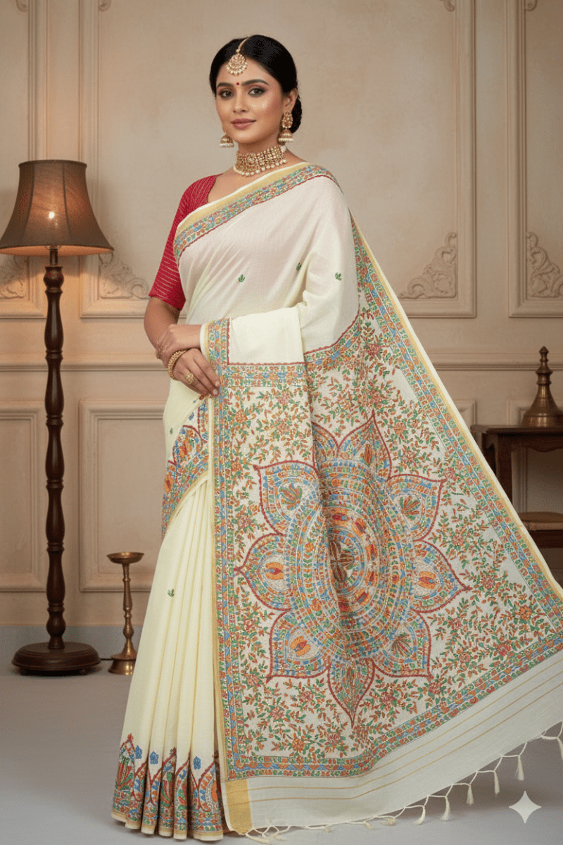 Ivory Elegance Madhubani Hand - Painted Kerala Cotton Saree – Floral Motifs with Artistic Borders - swadeshsouq.com