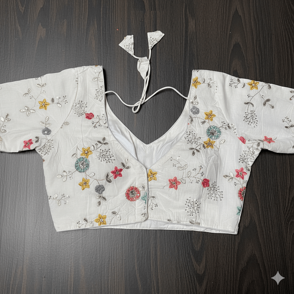 Ivory Khadi Cotton Blouse with All - Over Embroidery & Sequins Work | Full - Length Sleeves (Fits 32–40) - swadeshsouq.com