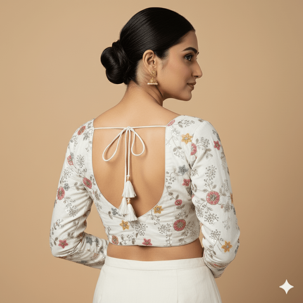 Ivory Khadi Cotton Blouse with All - Over Embroidery & Sequins Work | Full - Length Sleeves (Fits 32–40) - swadeshsouq.com