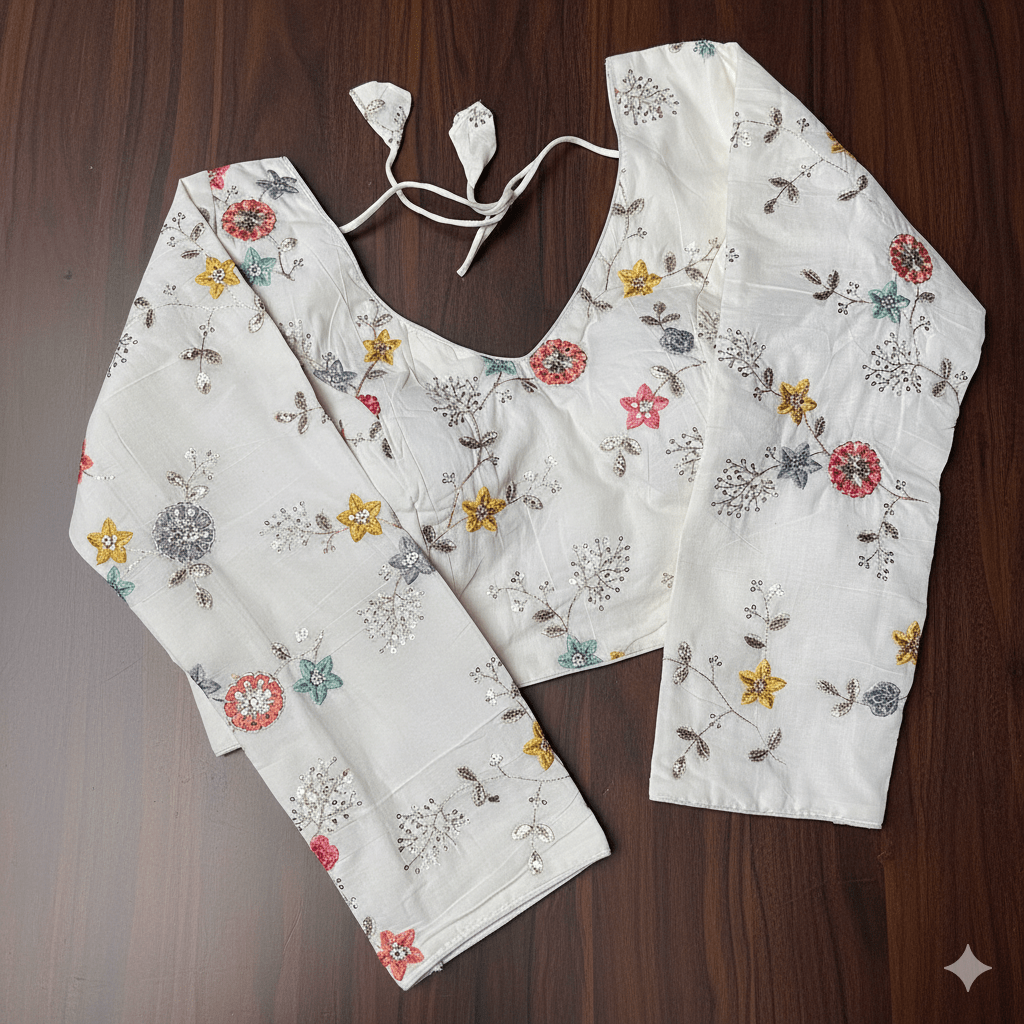 Ivory Khadi Cotton Blouse with All - Over Embroidery & Sequins Work | Full - Length Sleeves (Fits 32–40) - swadeshsouq.com