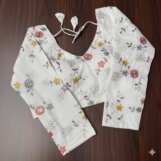 Ivory Khadi Cotton Blouse with All - Over Embroidery & Sequins Work | Full - Length Sleeves (Fits 32–40) - swadeshsouq.com