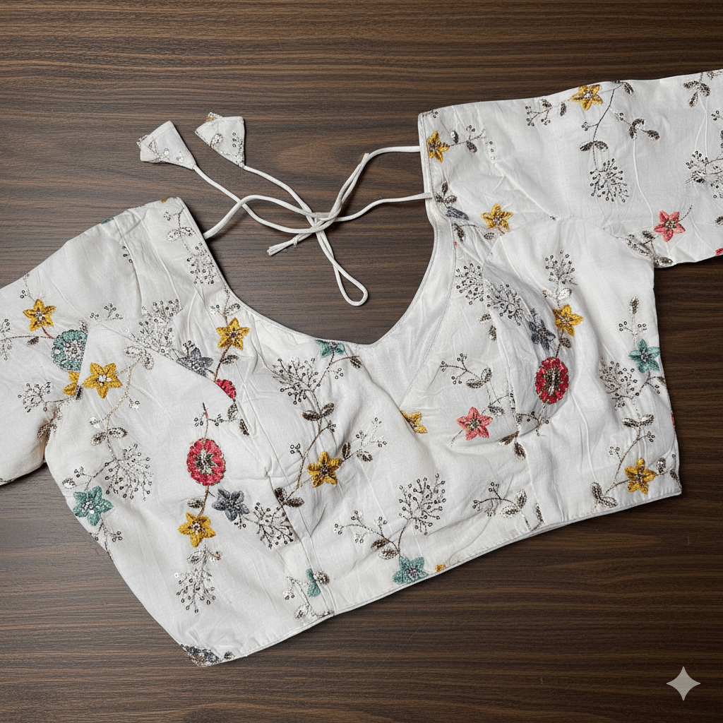 Ivory Khadi Cotton Blouse with All - Over Embroidery & Sequins Work | Full - Length Sleeves (Fits 32–40) - swadeshsouq.com