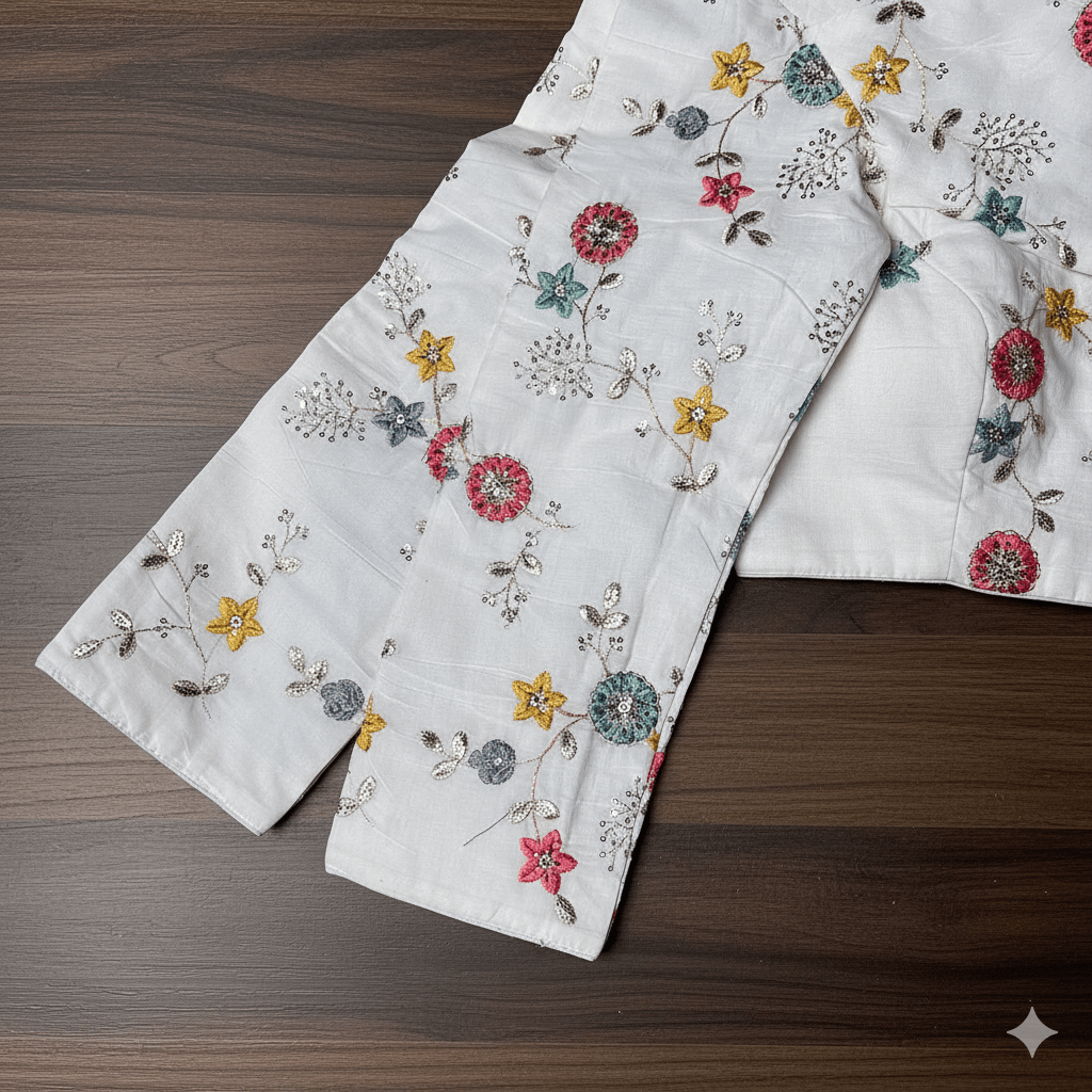 Ivory Khadi Cotton Blouse with All - Over Embroidery & Sequins Work | Full - Length Sleeves (Fits 32–40) - swadeshsouq.com