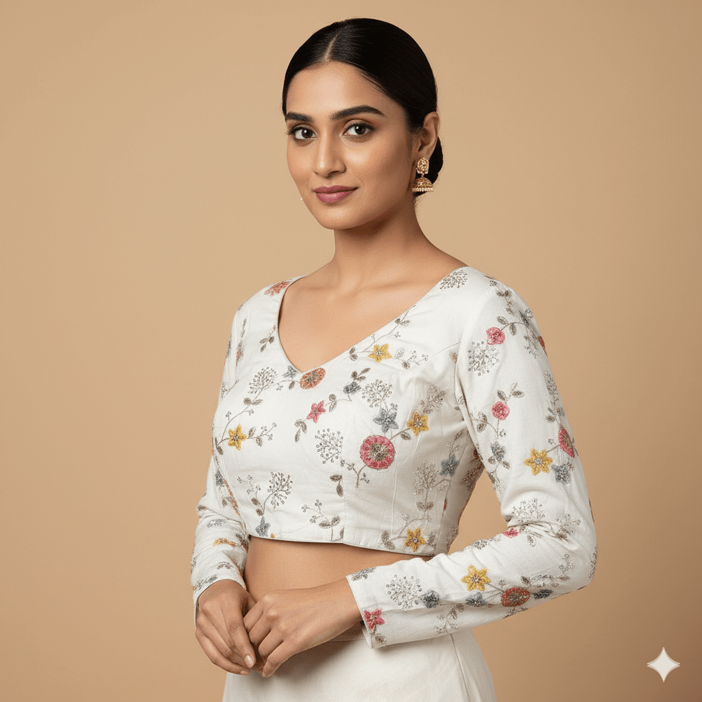 Ivory Khadi Cotton Blouse with All - Over Embroidery & Sequins Work | Full - Length Sleeves (Fits 32–40) - swadeshsouq.com