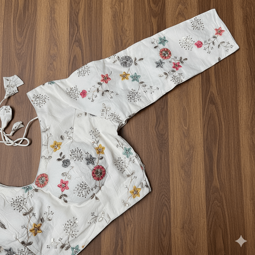 Ivory Khadi Cotton Blouse with All - Over Embroidery & Sequins Work | Full - Length Sleeves (Fits 32–40) - swadeshsouq.com