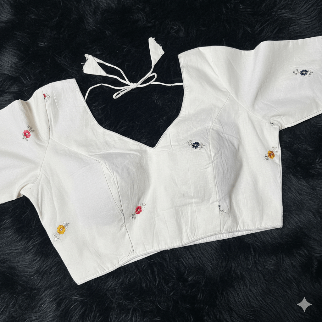 Ivory Khadi Cotton Blouse with Multicolour Sequins – Full Sleeves, Fits 32 - 40 - swadeshsouq.com