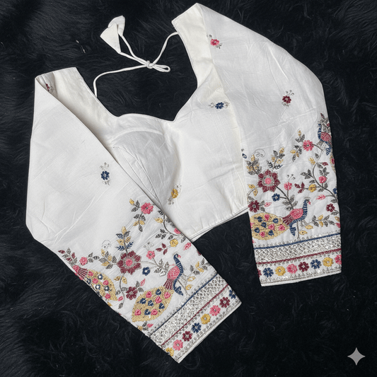 Ivory Khadi Cotton Blouse with Multicolour Sequins – Full Sleeves, Fits 32 - 40 - swadeshsouq.com
