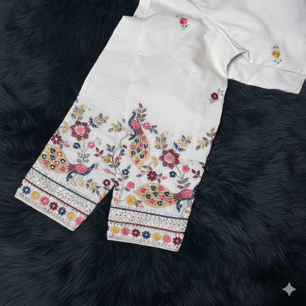 Ivory Khadi Cotton Blouse with Multicolour Sequins – Full Sleeves, Fits 32 - 40 - swadeshsouq.com