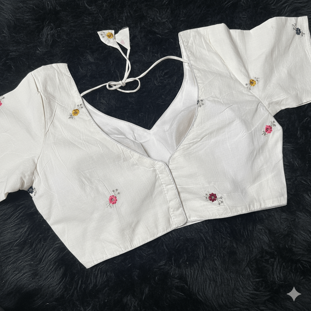 Ivory Khadi Cotton Blouse with Multicolour Sequins – Full Sleeves, Fits 32 - 40 - swadeshsouq.com