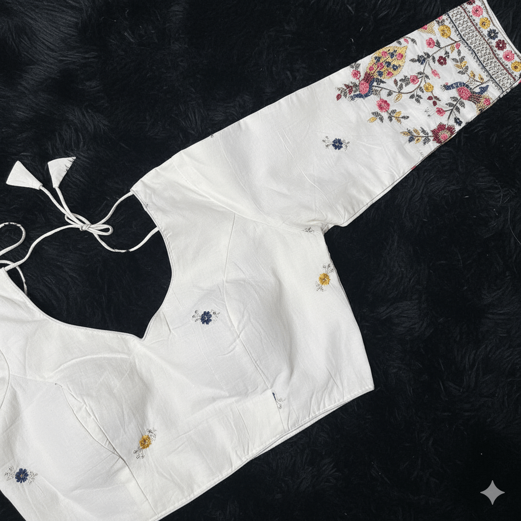 Ivory Khadi Cotton Blouse with Multicolour Sequins – Full Sleeves, Fits 32 - 40 - swadeshsouq.com