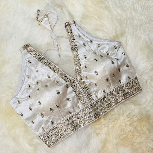 Ivory White Silk Blouse with Hand Embroidery & Stone Embellishments – Adjustable Fit (32 to 36) - swadeshsouq.com