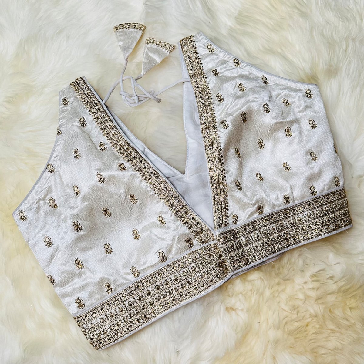 Ivory White Silk Blouse with Hand Embroidery & Stone Embellishments – Adjustable Fit (32 to 36) - swadeshsouq.com