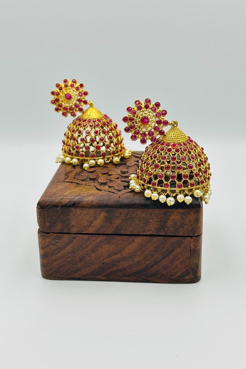 Jaal Pattern Jhumka Earrings with Stones and Pearls - swadeshsouq.com