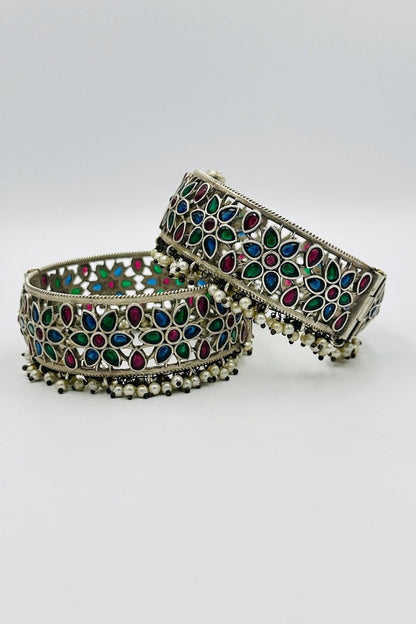 Kaleidoscope Brilliance: Multicolor Silver Bangles - swadeshsouq.com