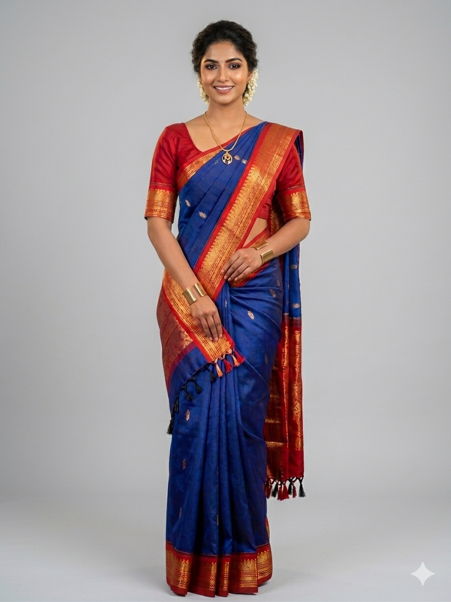 Elegant Blue & Red Kalyani Cotton Silk Saree with Rich Zari Woven Peacock Border
