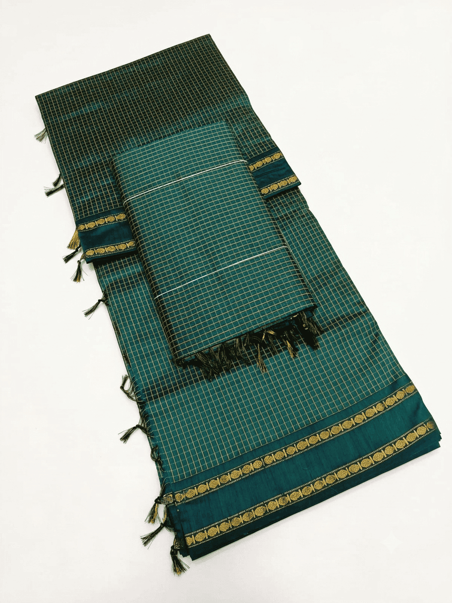 Elegant Peacock Green Kalyani Silk Cotton Saree with All-Over Checks & Repeated Zari Border