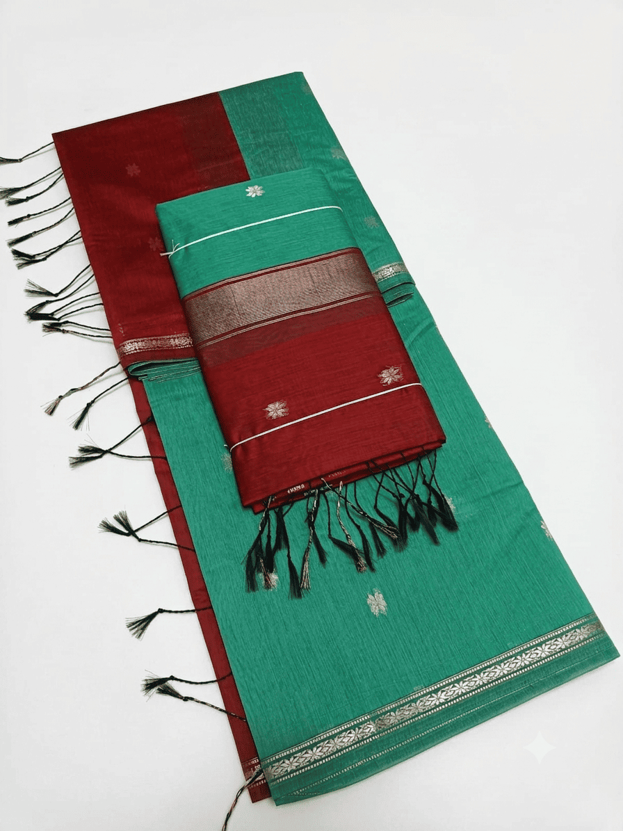 Graceful Mint Green & Maroon Kalyani Cotton Saree with Star Buttis & Elegant Zari Border