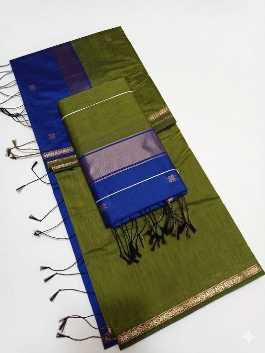 Elegant Olive Green Silk Cotton Saree with Star Butti & Contrast Blue Pallu