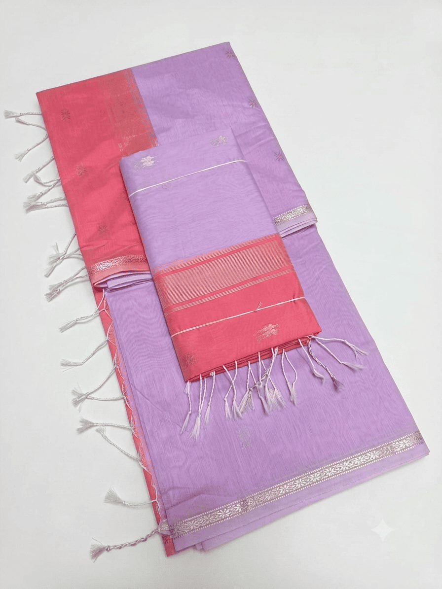 Elegant Lilac & Peach Kalyani Cotton Saree with Star Buttis & Simple Zari Border
