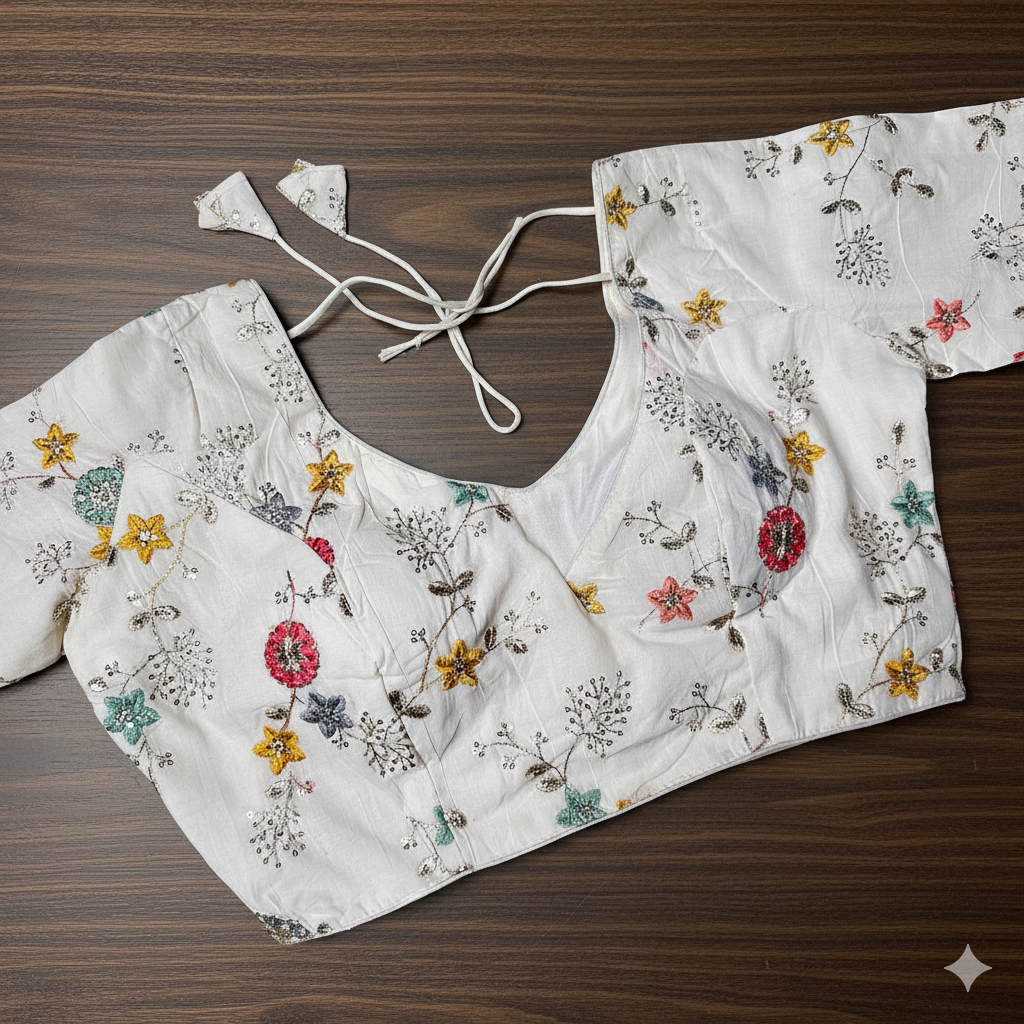 Ivory Khadi Cotton Blouse with All-Over Embroidery & Sequins Work | Full-Length Sleeves (Fits 32–40)