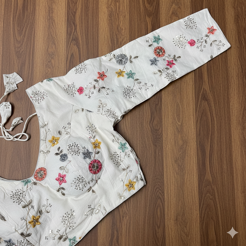 Ivory Khadi Cotton Blouse with All-Over Embroidery & Sequins Work | Full-Length Sleeves (Fits 32–40)