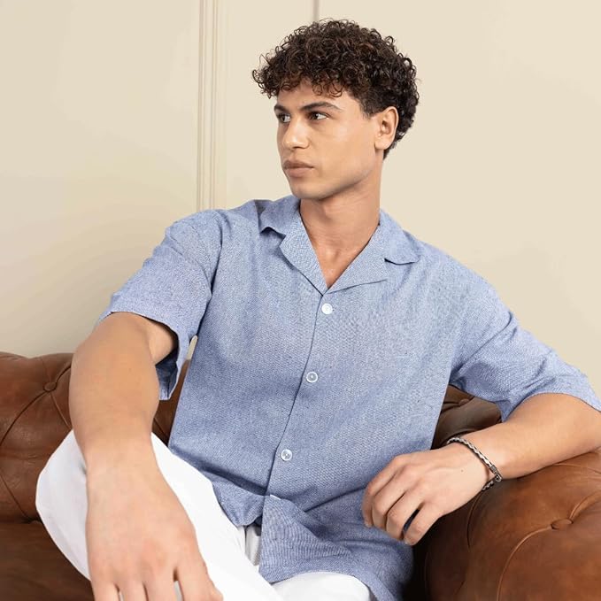 Light Blue Men’s Half Sleeve | Casual | Box Fit | Cuban Collar Shirt - swadeshsouq.com