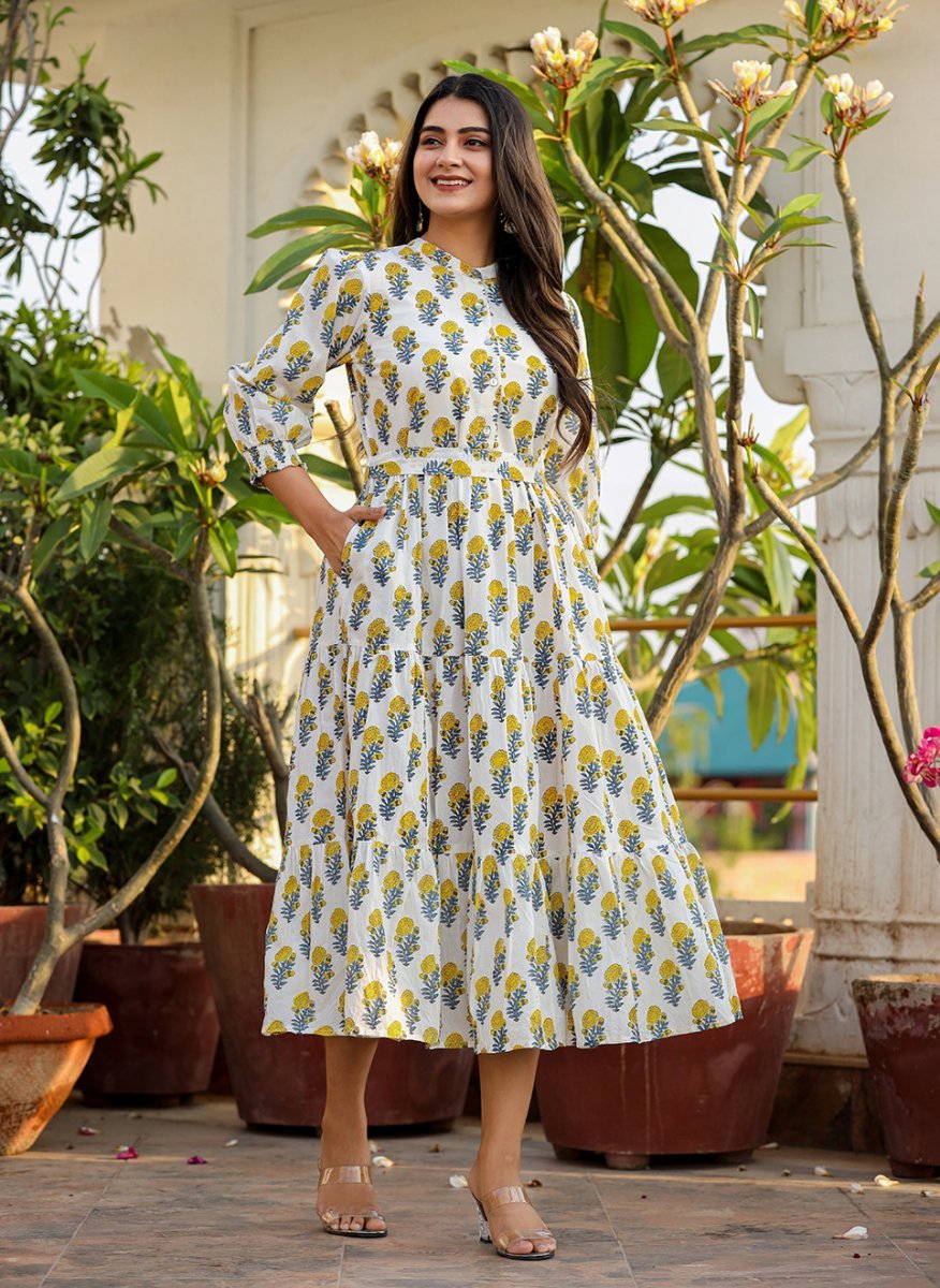 Luminous White - Yellow Handblock Cotton Dress - swadeshsouq.com