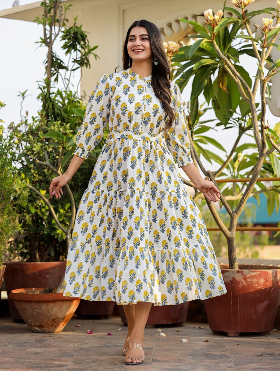 Luminous White - Yellow Handblock Cotton Dress - swadeshsouq.com