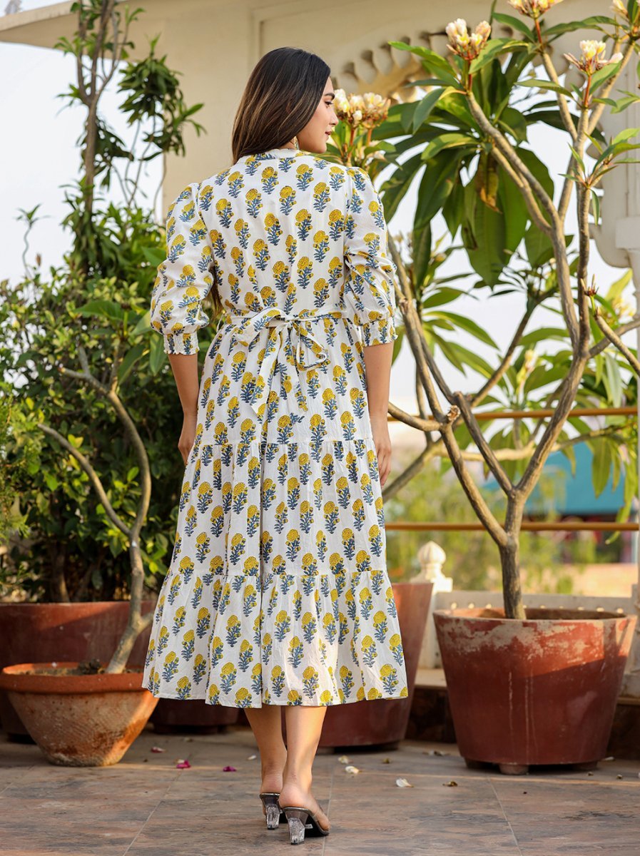 Luminous White - Yellow Handblock Cotton Dress - swadeshsouq.com