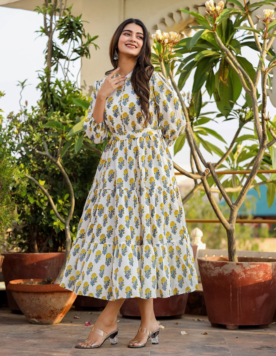 Luminous White - Yellow Handblock Cotton Dress - swadeshsouq.com