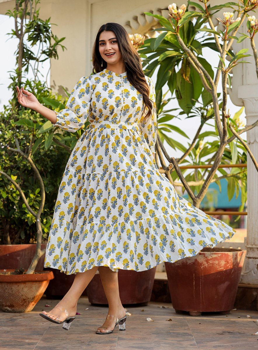 Luminous White - Yellow Handblock Cotton Dress - swadeshsouq.com