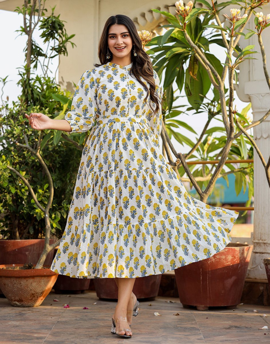 Luminous White - Yellow Handblock Cotton Dress - swadeshsouq.com