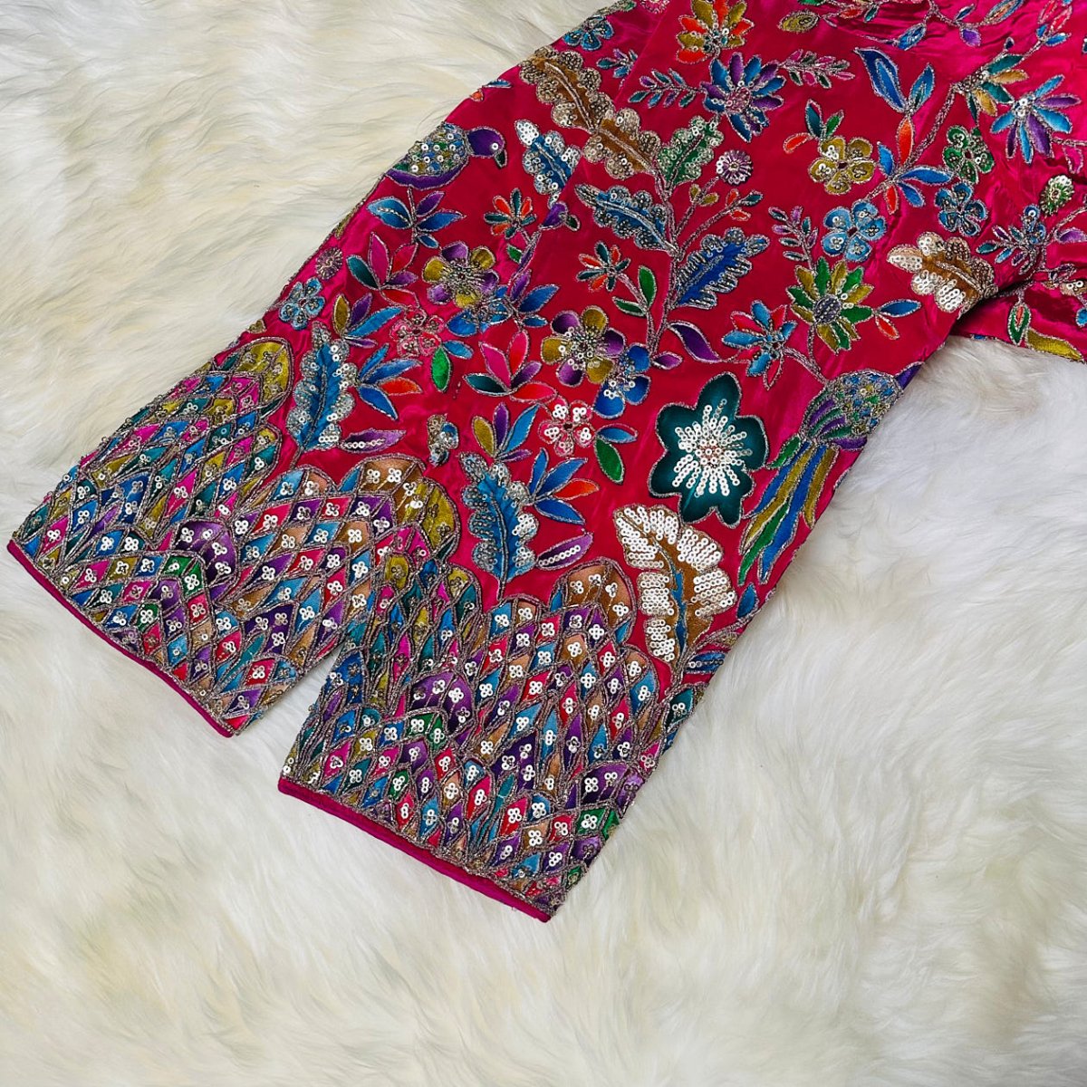 Luxury Pink Pure Crepe Blouse with Multicolour Appliqué & Sequins – Full Sleeves, Party Wear - swadeshsouq.com