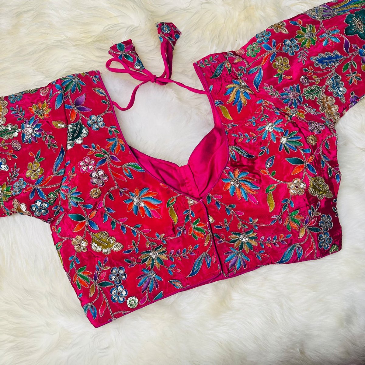 Luxury Pink Pure Crepe Blouse with Multicolour Appliqué & Sequins – Full Sleeves, Party Wear - swadeshsouq.com