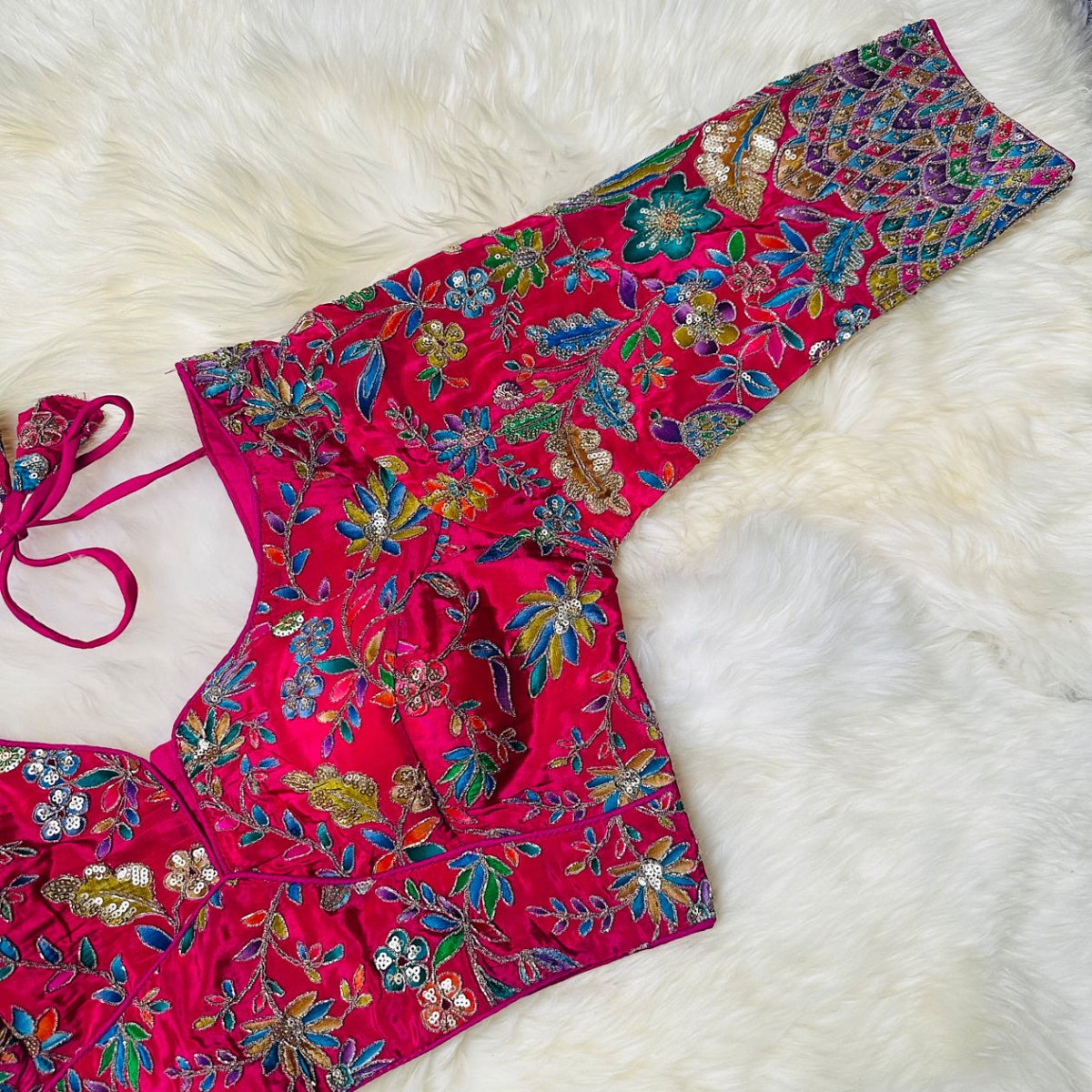 Luxury Pink Pure Crepe Blouse with Multicolour Appliqué & Sequins – Full Sleeves, Party Wear - swadeshsouq.com