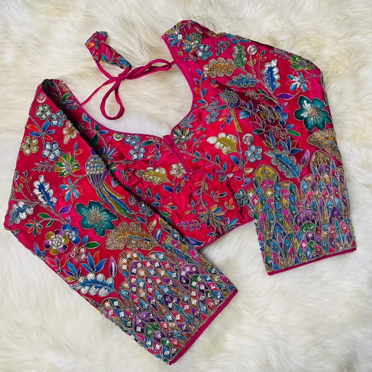 Luxury Pink Pure Crepe Blouse with Multicolour Appliqué & Sequins – Full Sleeves, Party Wear - swadeshsouq.com