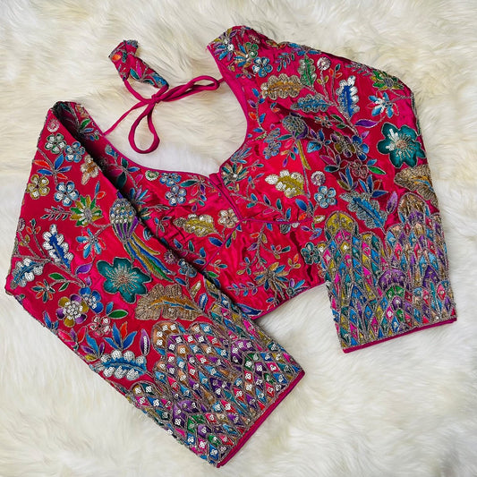 Luxury Pink Pure Crepe Blouse with Multicolour Appliqué & Sequins – Full Sleeves, Party Wear - swadeshsouq.com