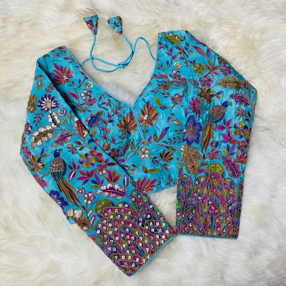 Luxury Sea Blue Pure Crepe Blouse with Multicolour Appliqué & Sequins – Full Sleeves, Party Wear - swadeshsouq.com