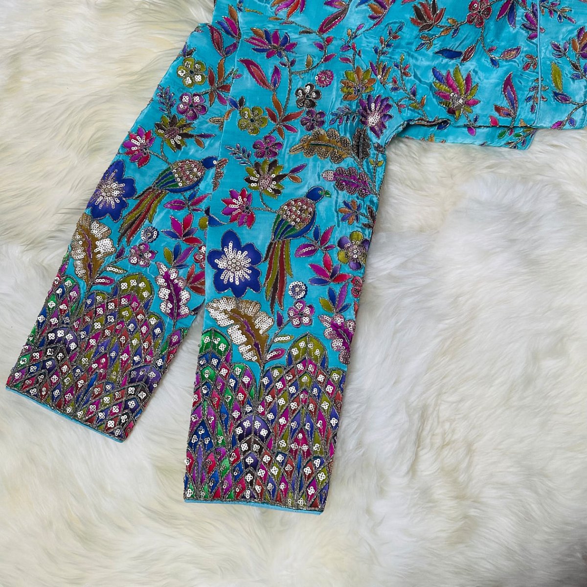 Luxury Sea Blue Pure Crepe Blouse with Multicolour Appliqué & Sequins – Full Sleeves, Party Wear - swadeshsouq.com