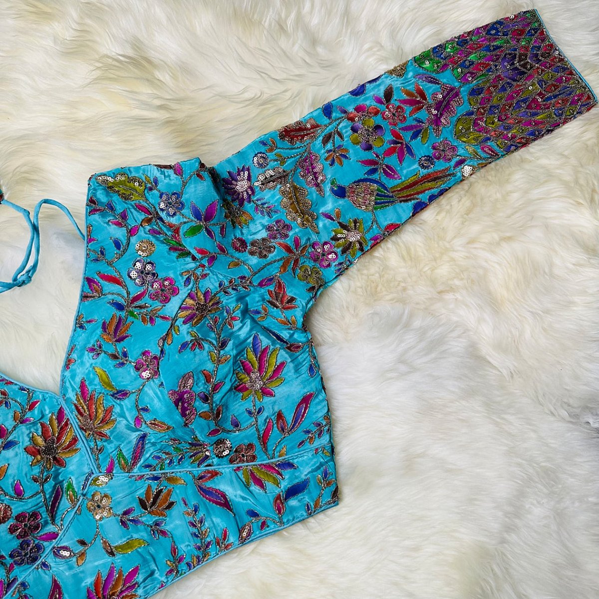 Luxury Sea Blue Pure Crepe Blouse with Multicolour Appliqué & Sequins – Full Sleeves, Party Wear - swadeshsouq.com