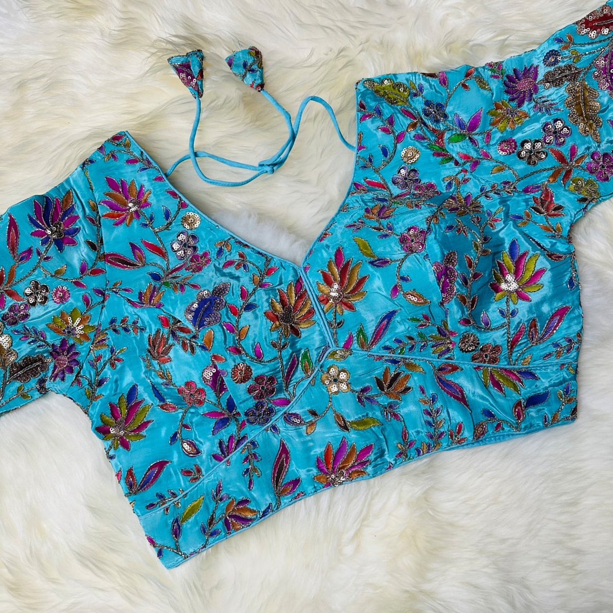 Luxury Sea Blue Pure Crepe Blouse with Multicolour Appliqué & Sequins – Full Sleeves, Party Wear - swadeshsouq.com