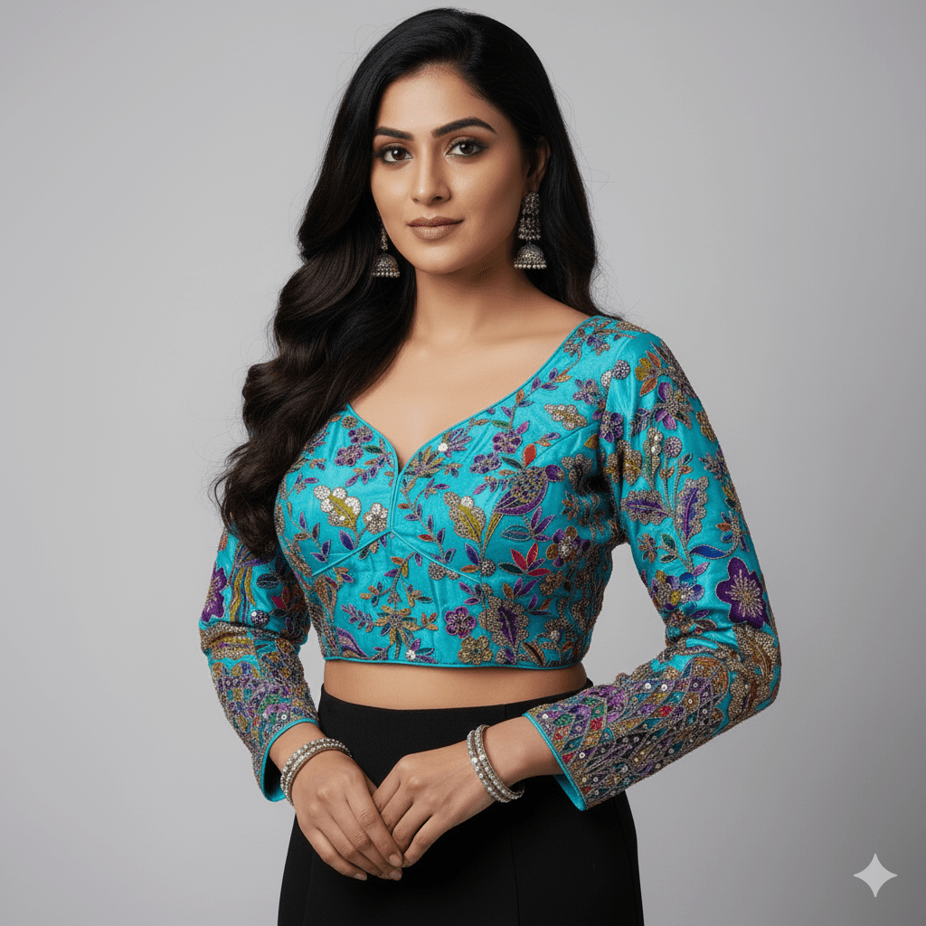 Luxury Sea Blue Pure Crepe Blouse with Multicolour Appliqué & Sequins – Full Sleeves, Party Wear - swadeshsouq.com