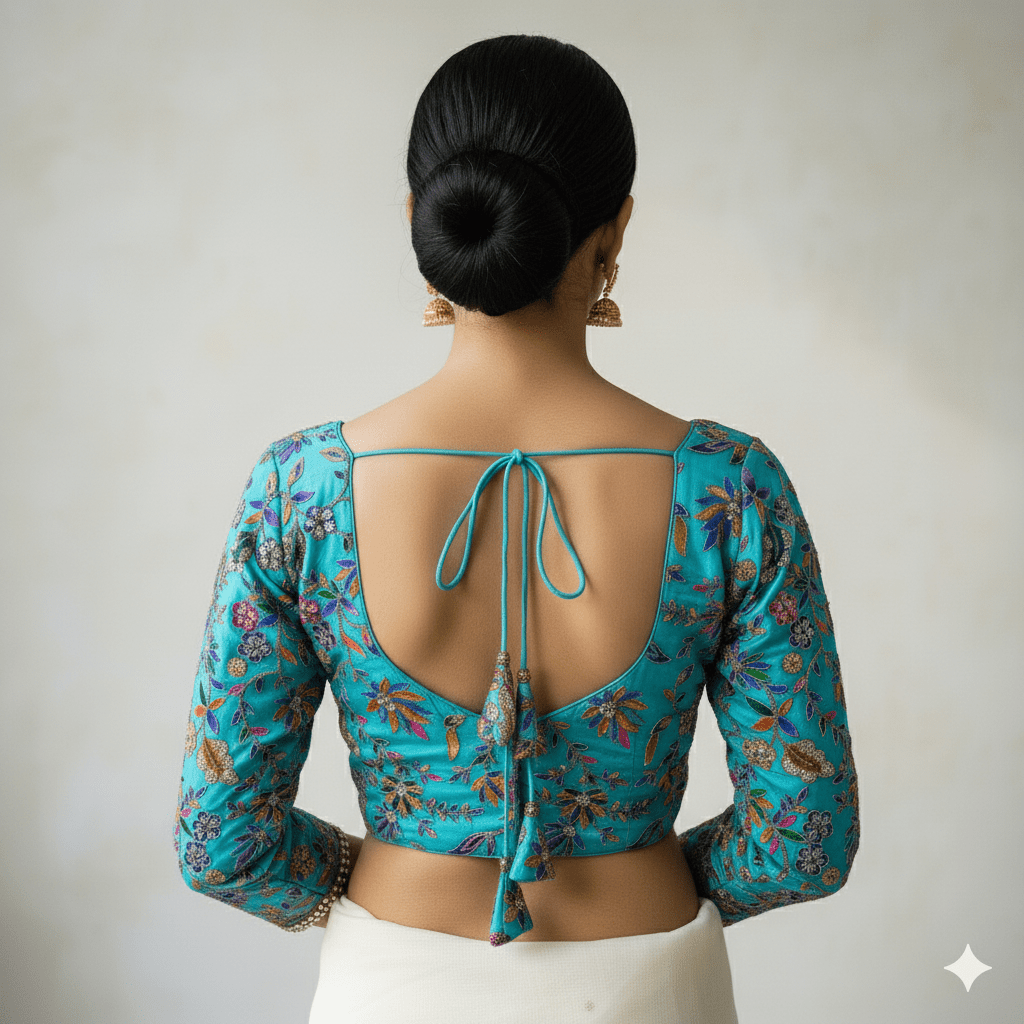 Luxury Sea Blue Pure Crepe Blouse with Multicolour Appliqué & Sequins – Full Sleeves, Party Wear - swadeshsouq.com