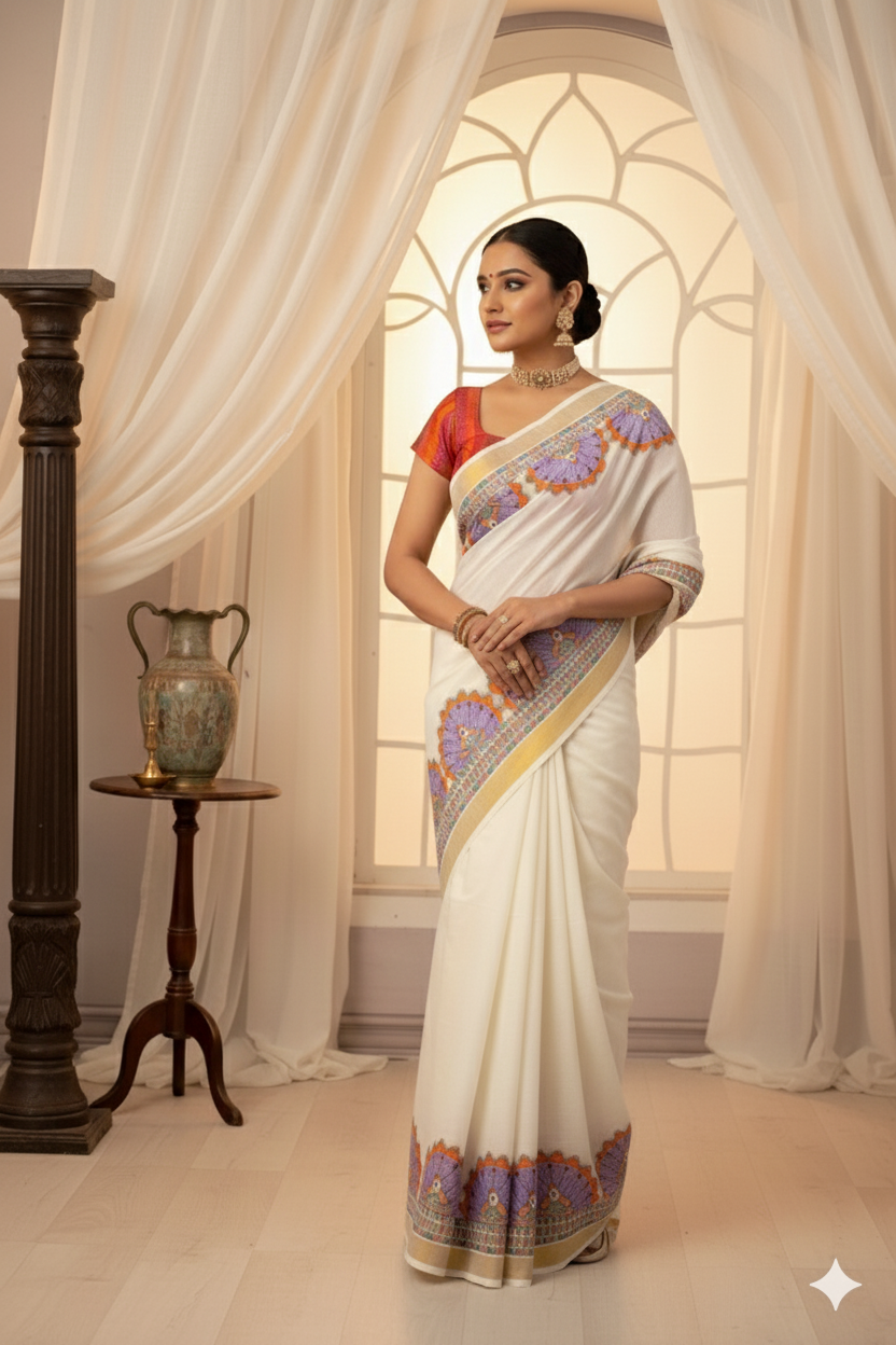 Eternal Grace – Madhubani Hand-Painted Kerala Cotton Saree