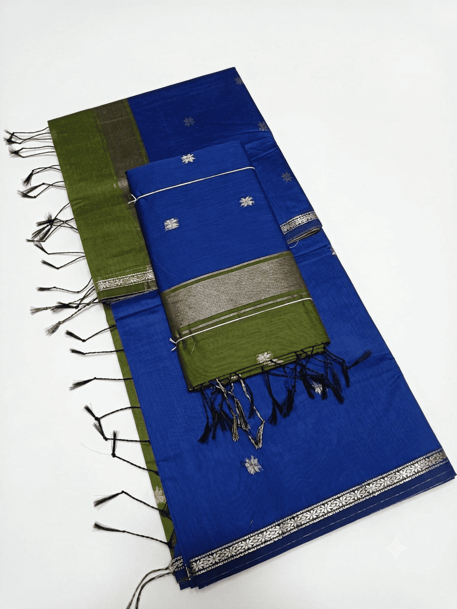 Elegant Blue & Green Kalyani Cotton Saree with Star Buttis & Simple Zari Border