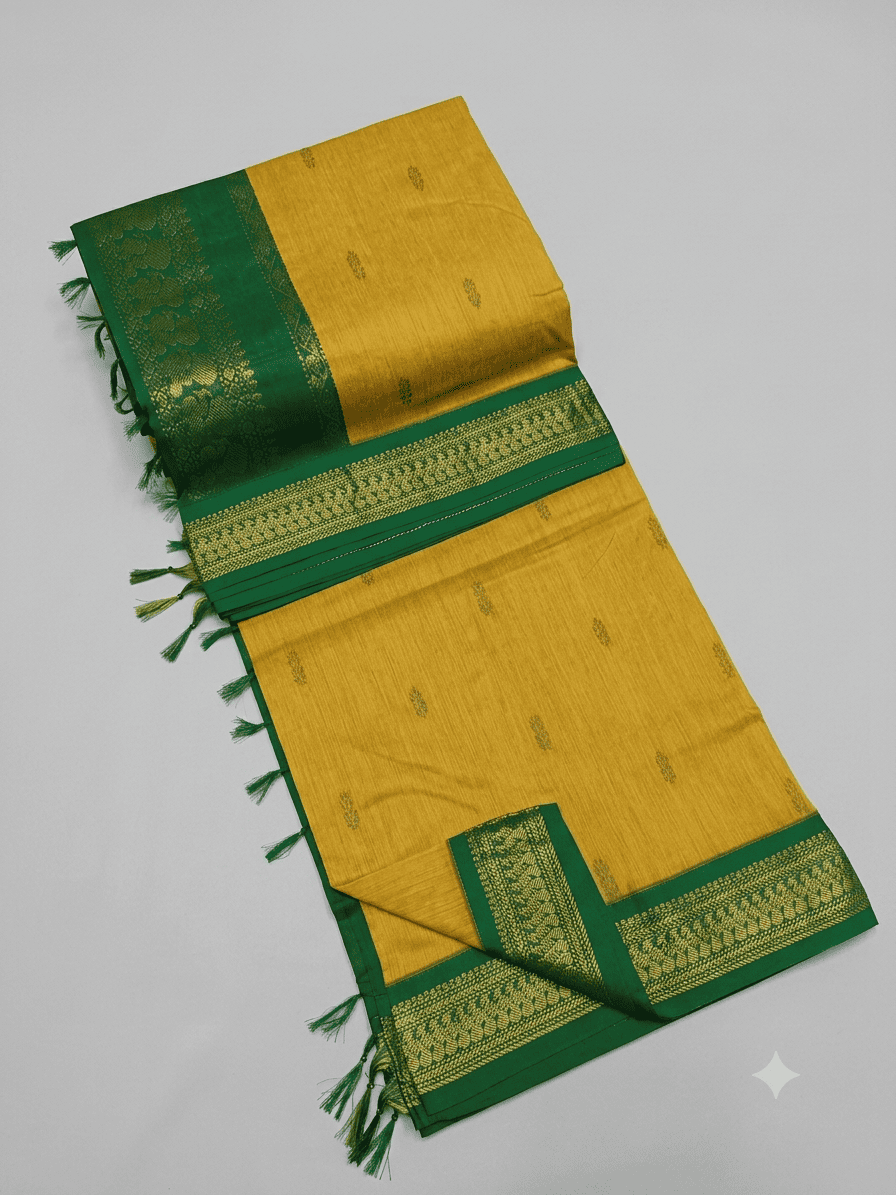 Radiant Yellow & Green Kalyani Silk Cotton Saree with Peacock Zari Border & Elegant Buttis